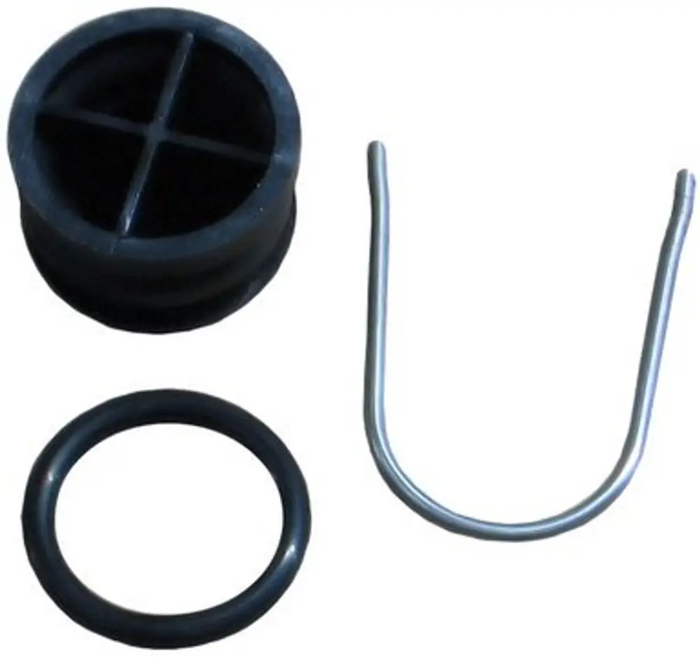 Drei Teile in verschiedenen Formen: ein runder, schwarzer Gummi-Pfropfen, ein schwarzes O-Ring und ein gebogenes Metallstück. Teile von Bosch, möglicherweise für Abdichtungen oder Halterungen.